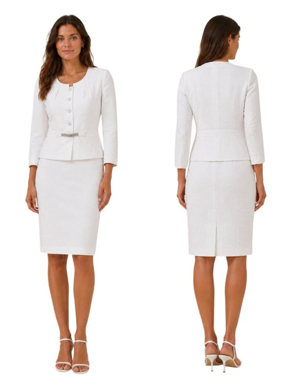 Isabella 14 Textured 2-Piece Skirt Suit With Gold Accent Belt White